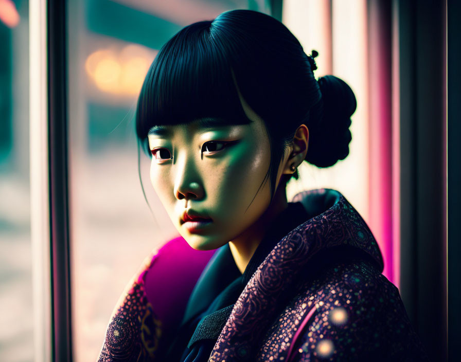 Traditional hairstyle woman gazes out window in warm light and ornate garment