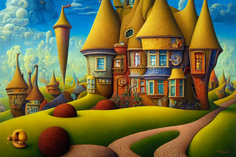 Colorful Fairy-Tale House Painting on Green Landscape