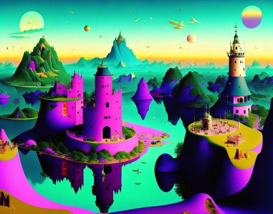 Colorful Fantasy Landscape with Castles, Hills, and Moons