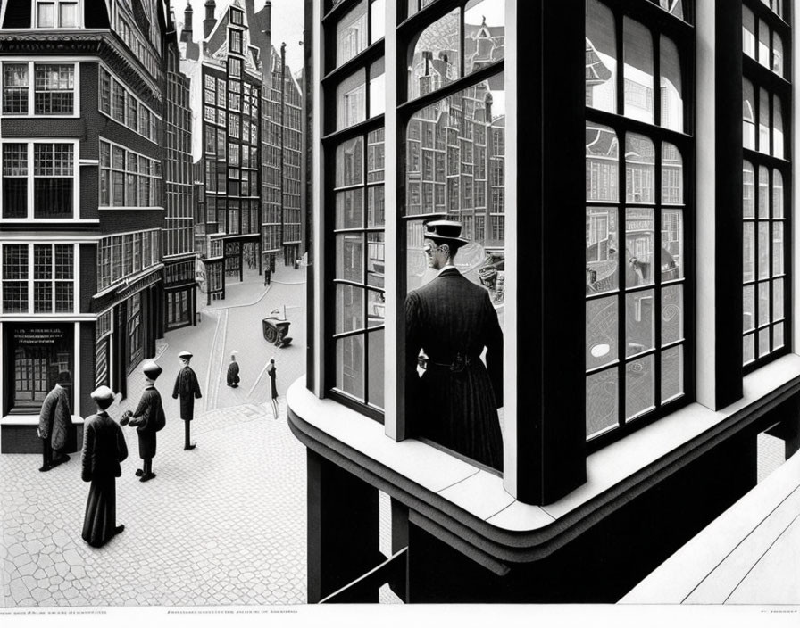 Monochrome photo: Person on building corner looking at vintage street.