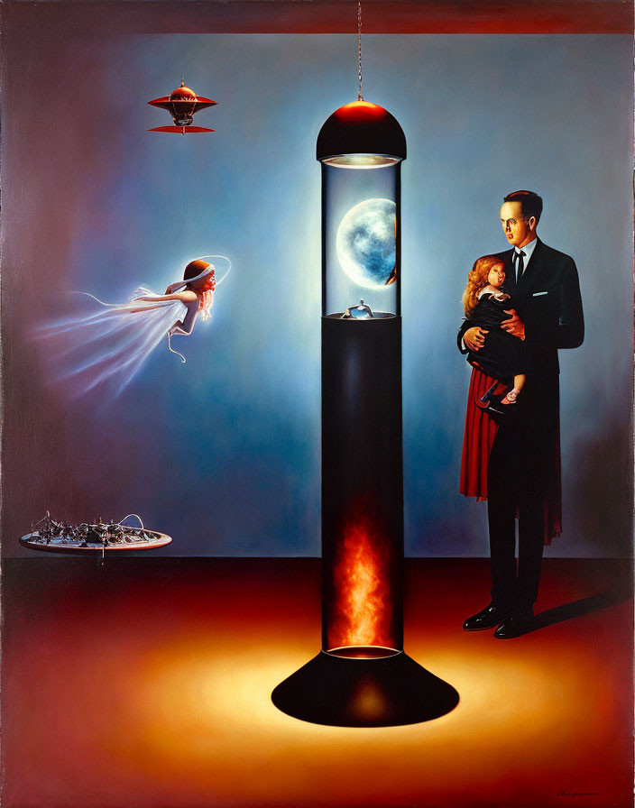 Surreal painting: man holding child, floating bride, rocket hand, UFO, lunar landscape