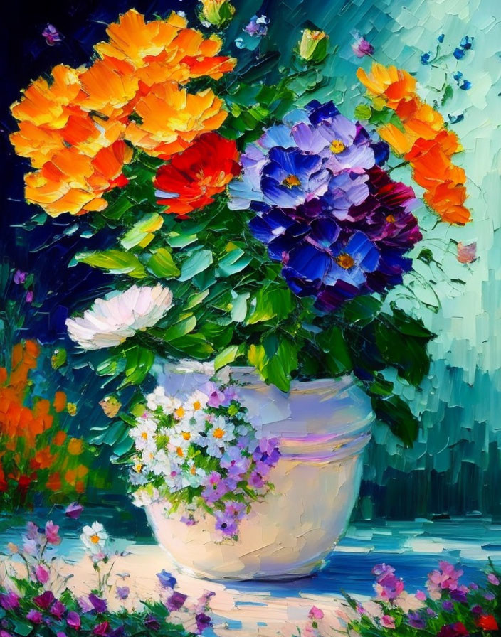 Colorful Flower Bouquet Oil Painting on Textured Blue Background