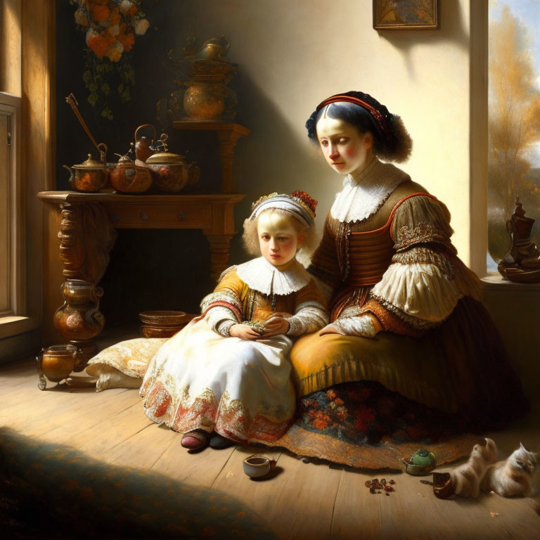 Historical painting of woman, child, and cat by sunlit window