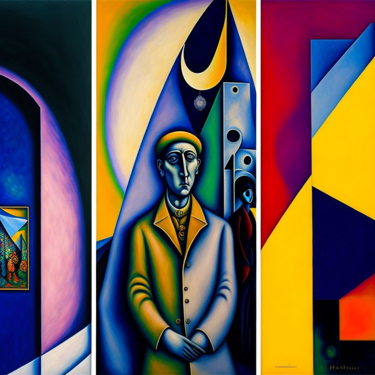 Colorful abstract triptych with surreal elements and elongated central figure.