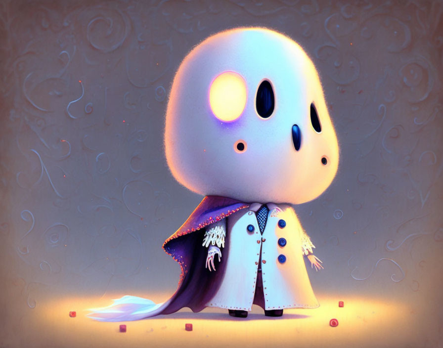 Illustration of cute ghostly character in fancy coat with glowing head