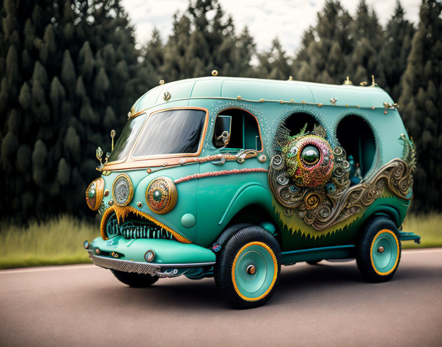 Turquoise Vintage Van with Steampunk Aesthetic