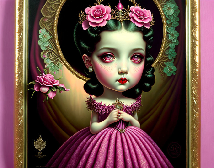 Stylized portrait of young girl in pink dress with crown, gothic and surreal elements, set