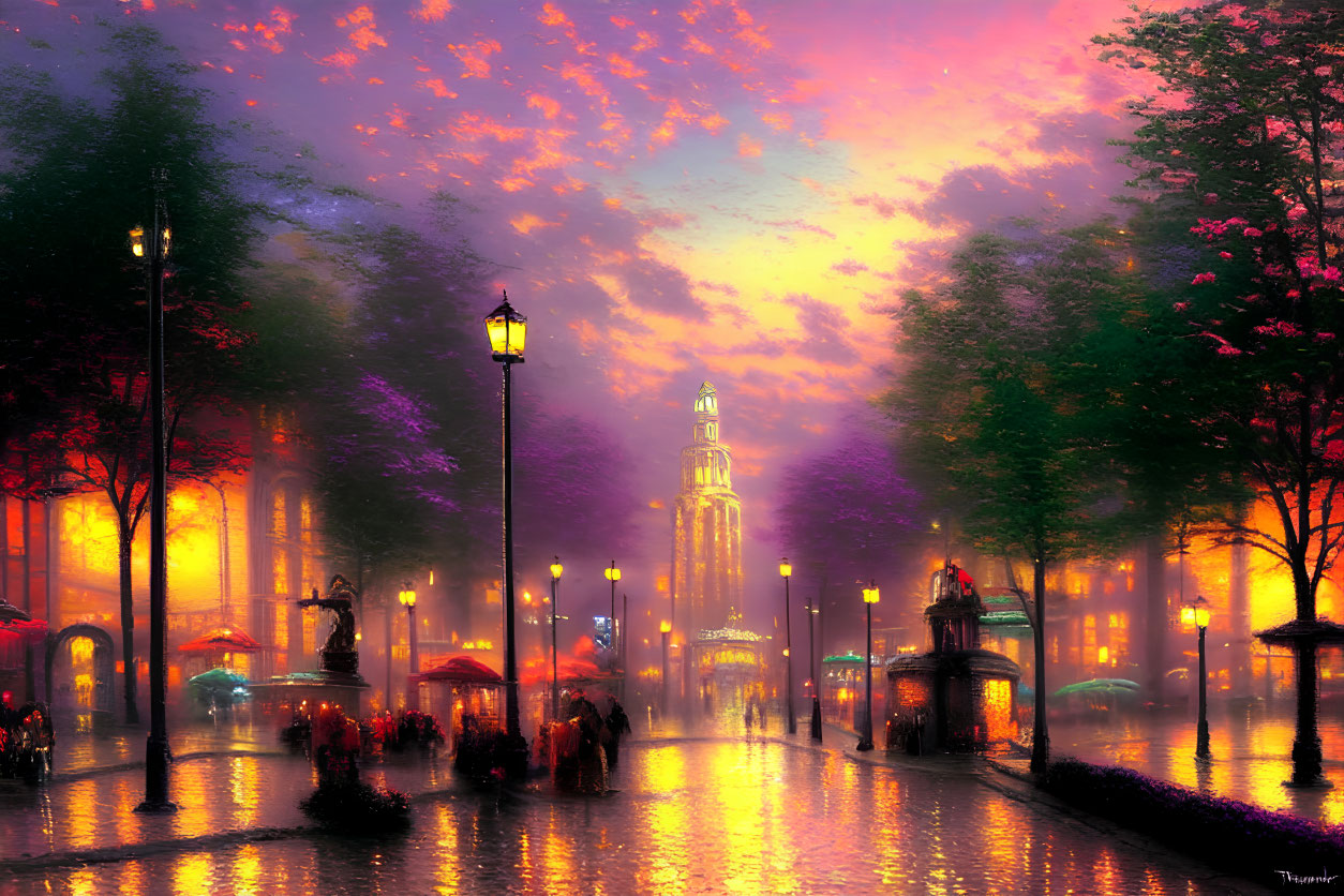 Colorful Dusk Cityscape with Illuminated Street Lamps and Silhouettes