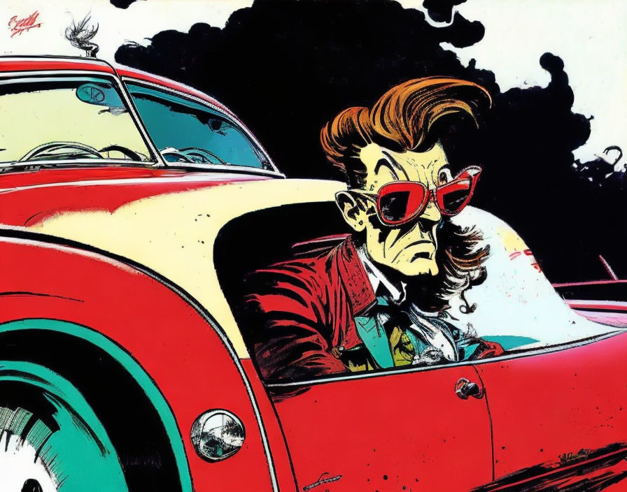 Character with big hair and red sunglasses driving vintage red car with dark cloud.