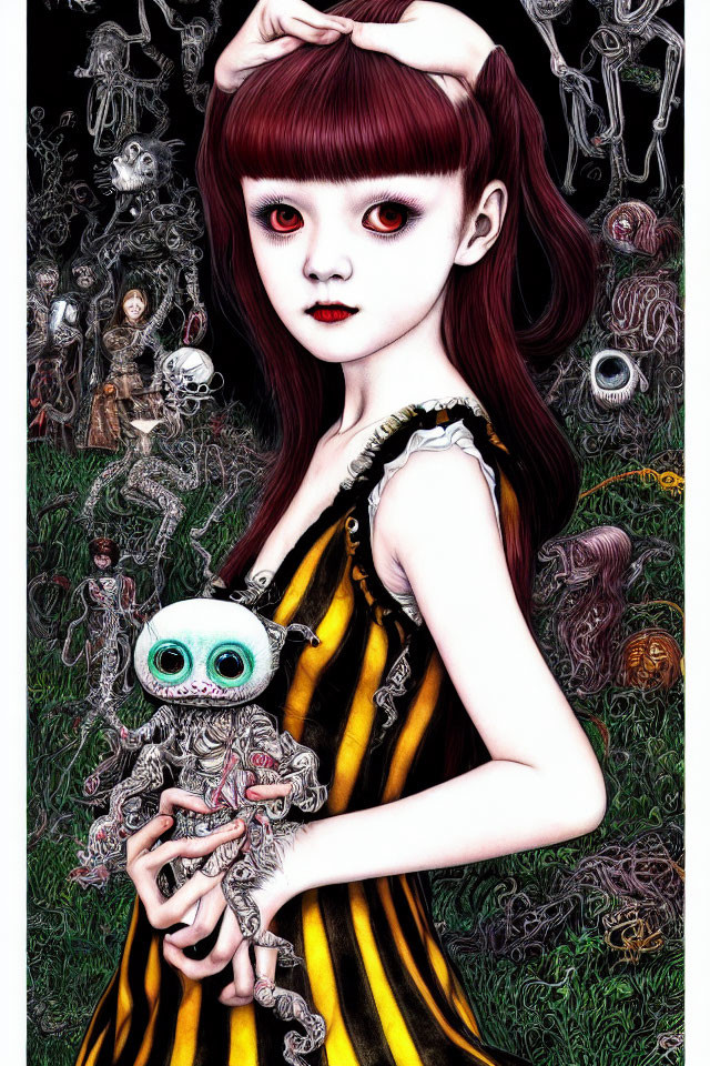 Illustration of girl with red eyes holding creature in whimsical background