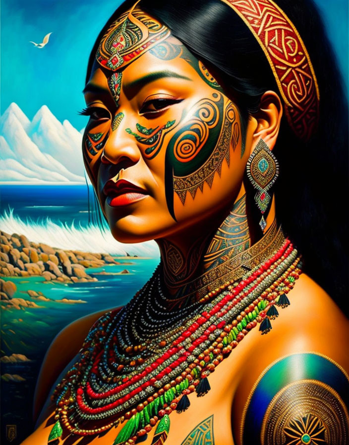 Colorful Beaded Woman Portrait with Face Tattoos and Landscape View