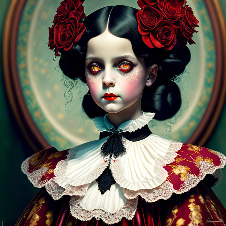 Gothic doll-like girl with dark eyes, pale skin, black hair, red roses, vintage