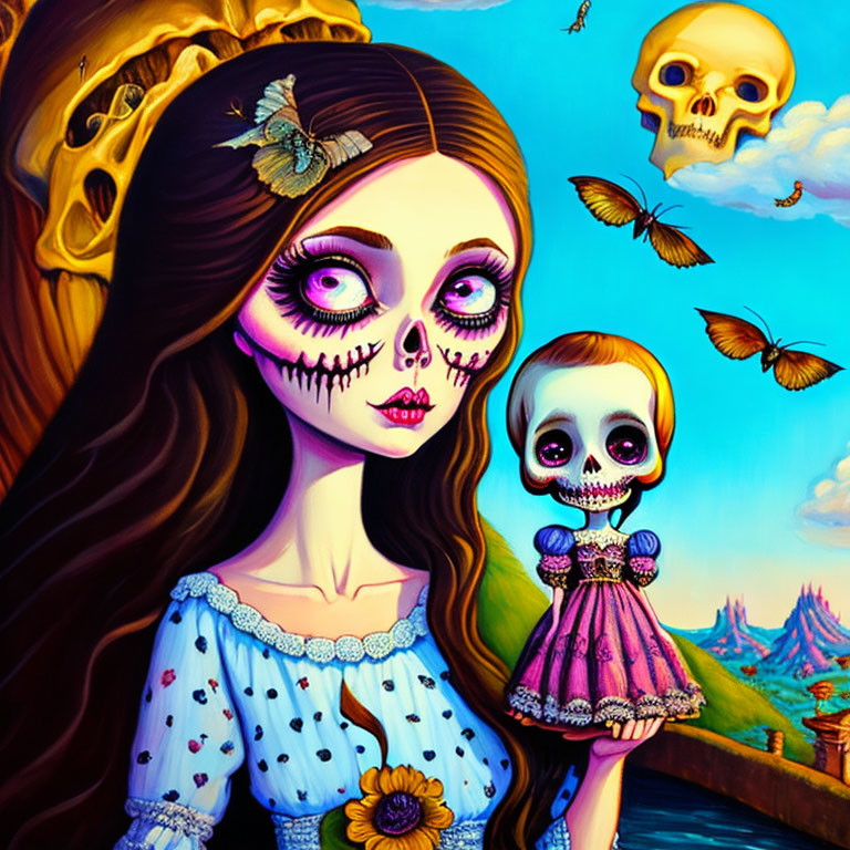 Stylized Day of the Dead-themed girl with doll in fantastical setting