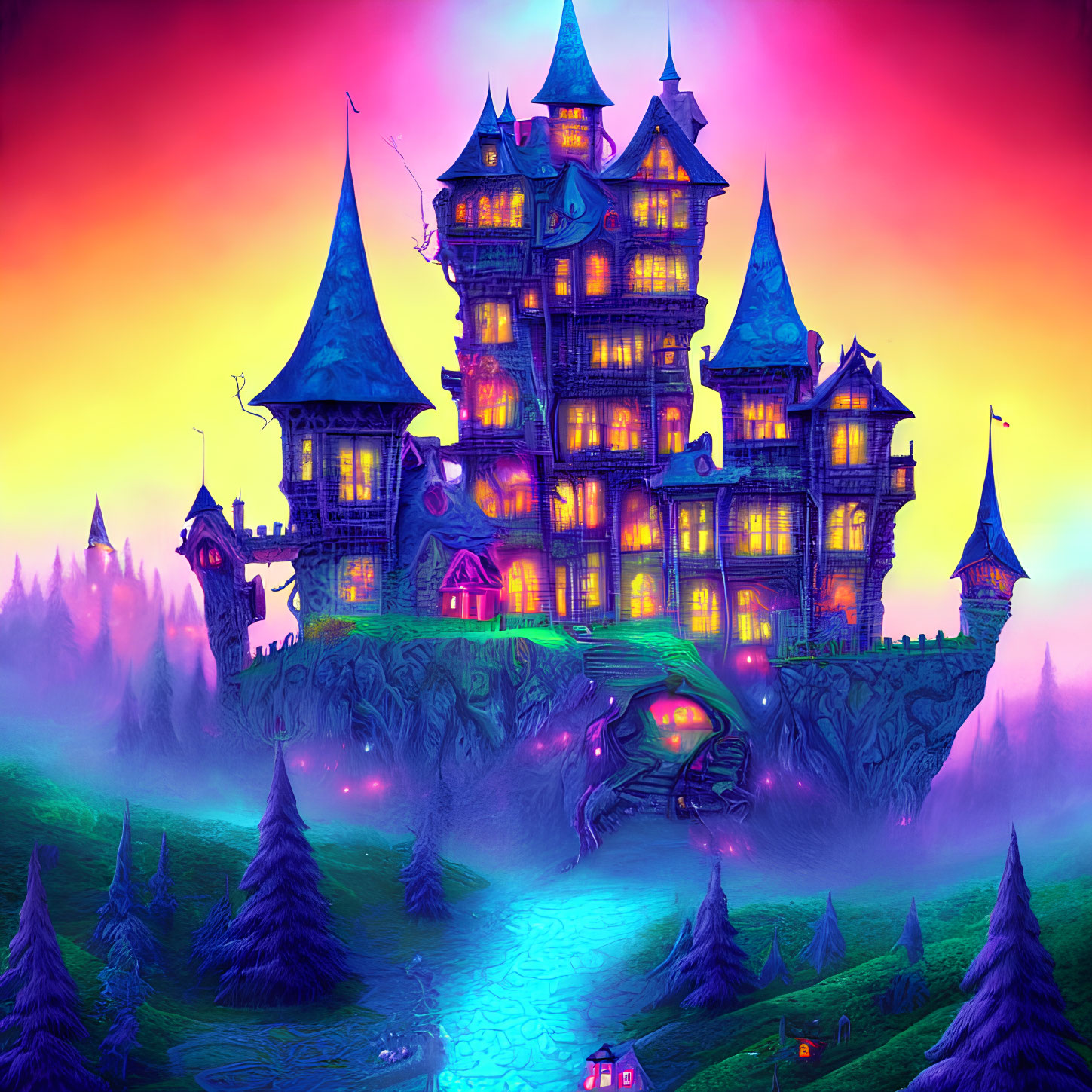 Fairy tale castle on living tree in vibrant sunset