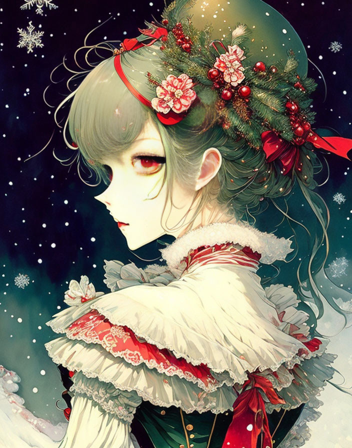 Illustration of girl with green eyes in Victorian dress with red ribbons and holly in snowy scene