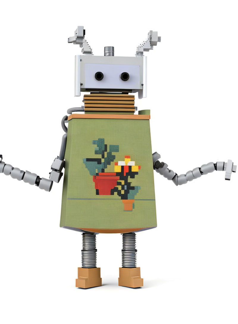 Friendly Robot with Apron in Cross-Stitch Design