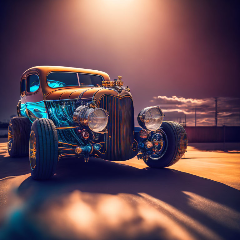 Customized Vintage Hot Rod with Exposed Engine and Large Headlights at Sunset