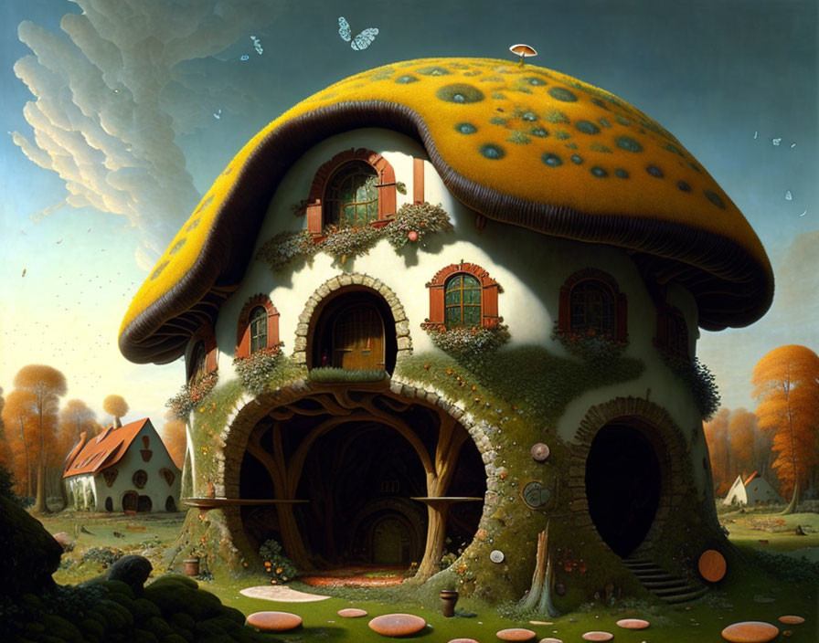 Detailed Fantasy Mushroom House Painting with Fairy-Tale Landscape