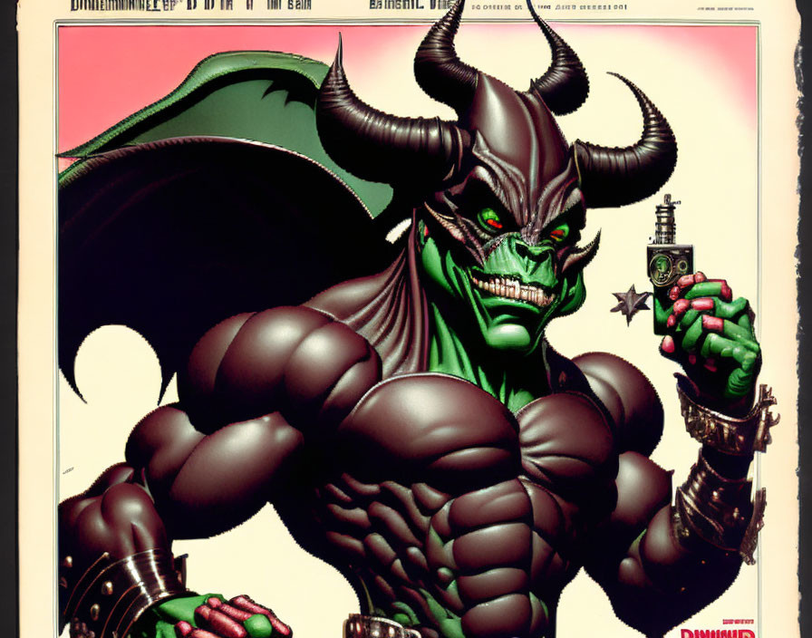 Muscular green-skinned demon with black wings and horns holding a small figure