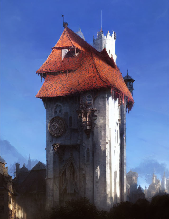 Medieval tower with orange-tiled roof and clock in misty setting