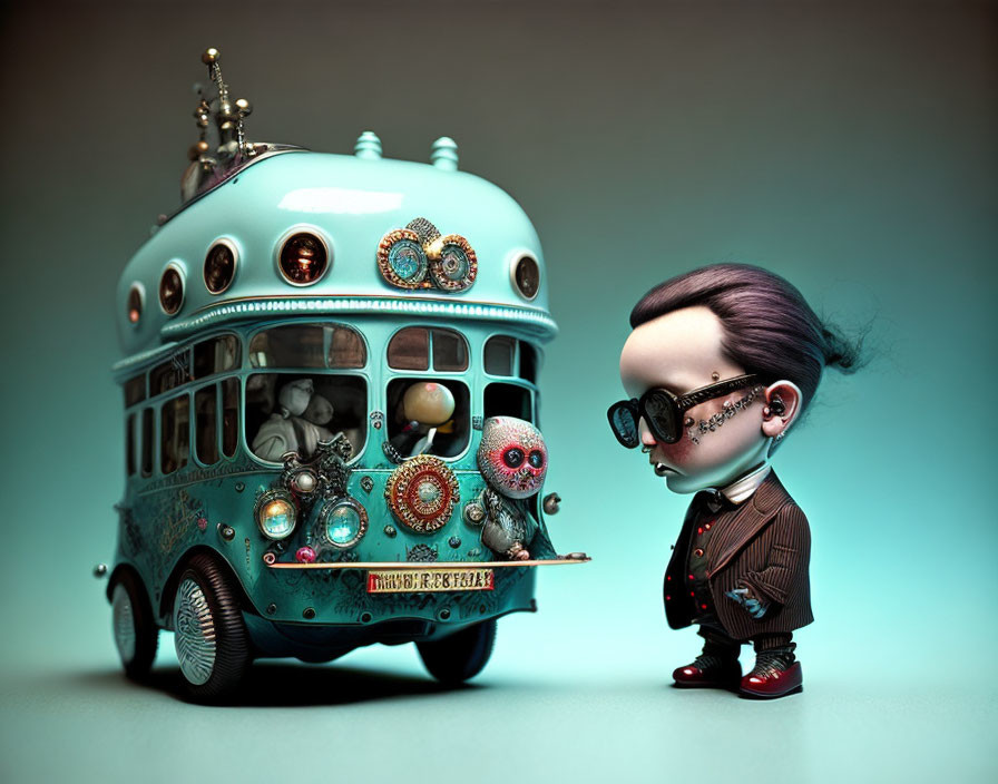 Childlike figure with oversized glasses next to steampunk bus.