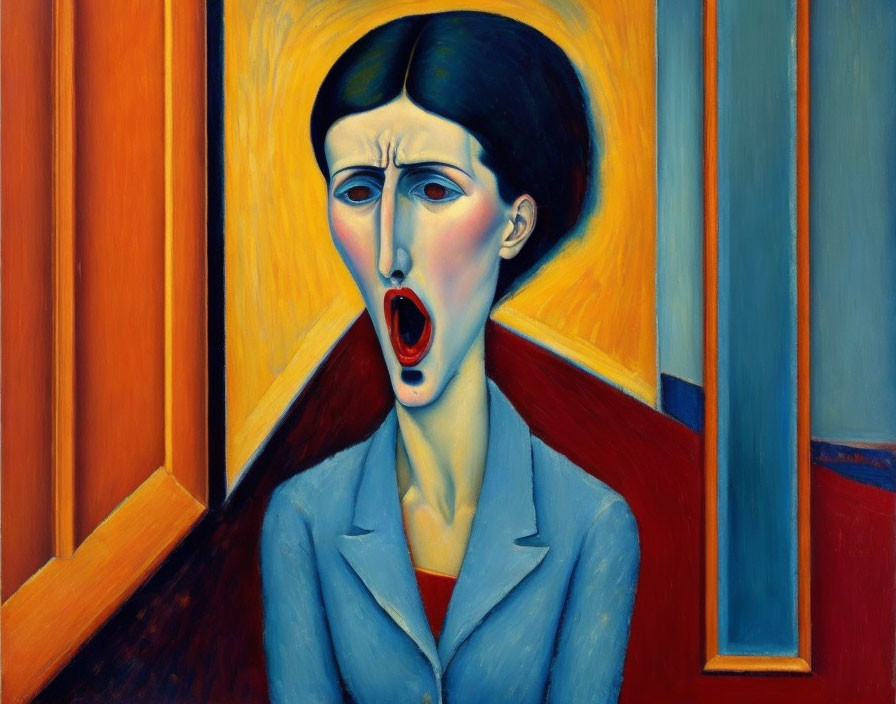 Elongated face and open mouth in scream, blue suit, abstract background