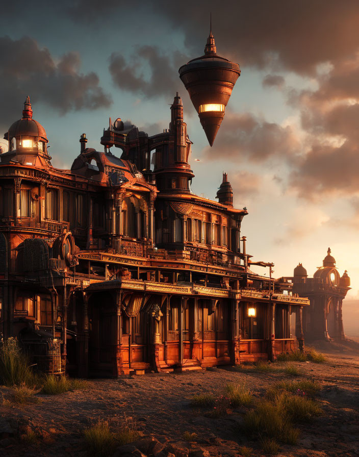 Victorian-style building with spire in sunset landscape: Steampunk aesthetic