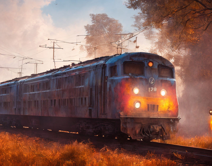 Vintage train on tracks at dusk with glowing lights and golden foliage.