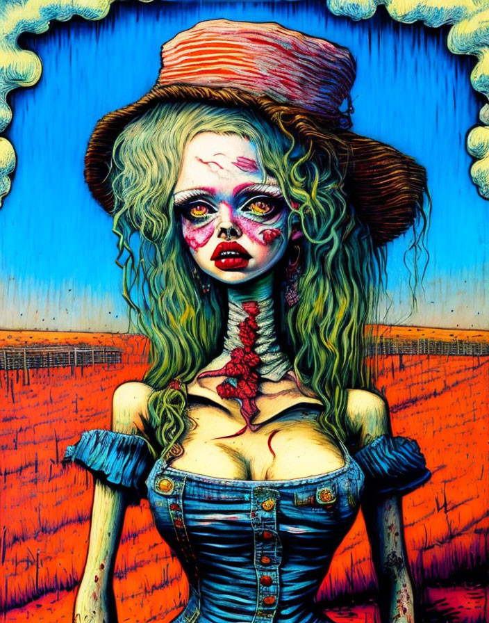 Colorful Gothic Painting of Woman with Exaggerated Hat, Vivid Makeup, Corset Dress,