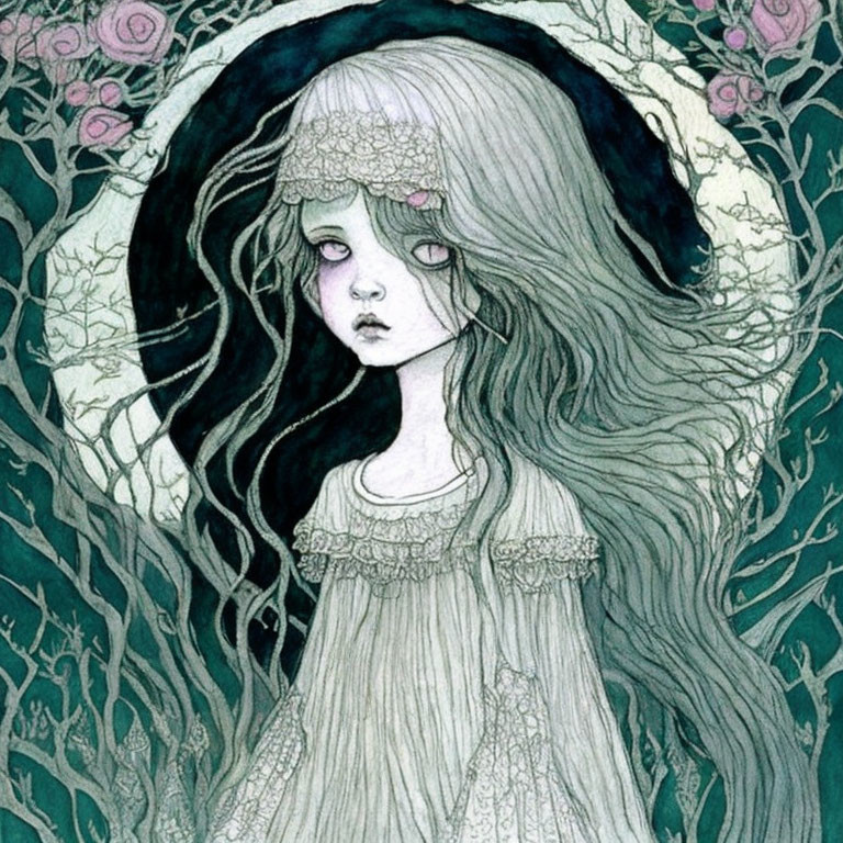 Illustration of girl with flowing hair in eerie forest with pale roses