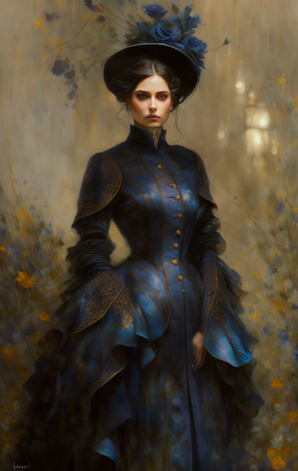 Victorian woman in blue dress surrounded by golden flowers