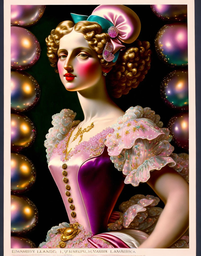 Vintage-Style Portrait of Woman in Purple Dress with Colorful Orbs