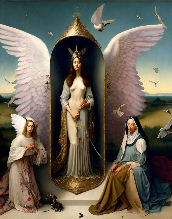 Surreal painting of large-winged angel in egg-shaped alcove