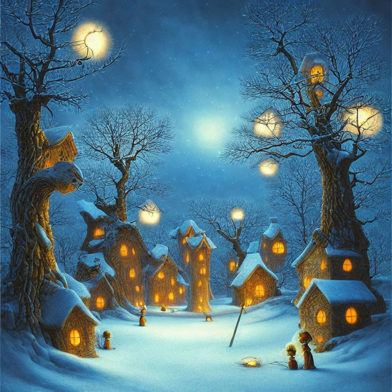 Winter village scene with cozy cottages, lantern-lit trees, and starry sky