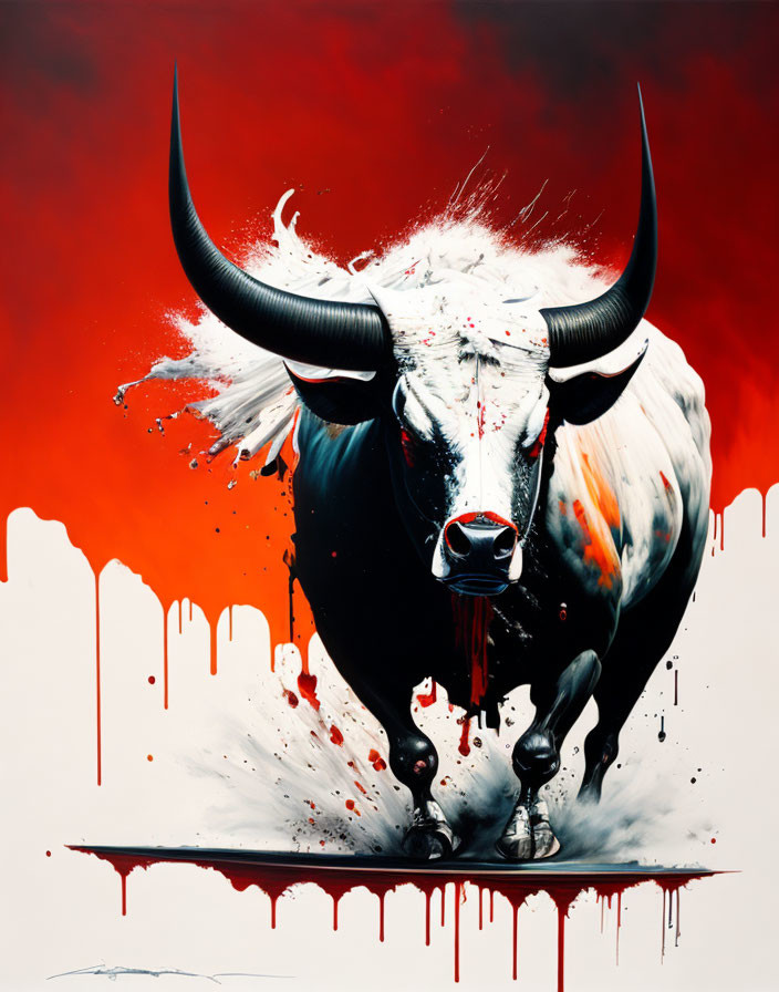 Vibrant white bull painting with red and black splashes on drip background