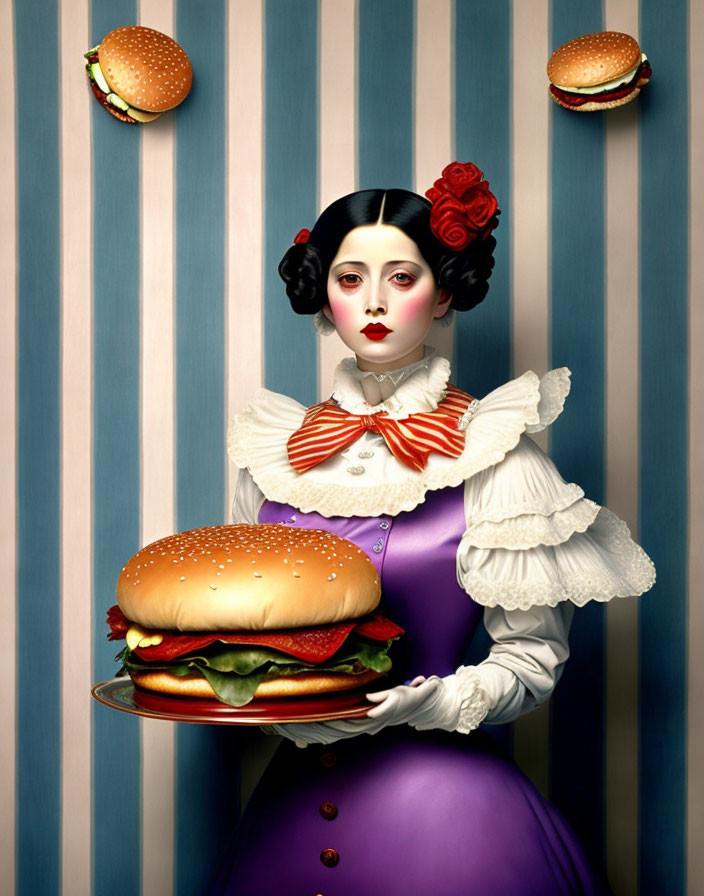 Surreal portrait of woman with large burger and floating burgers