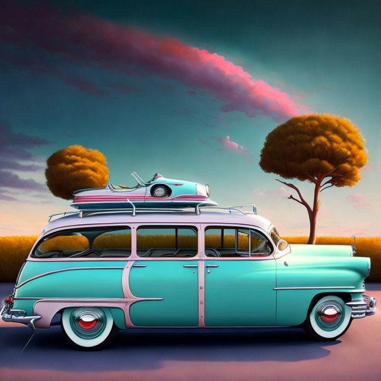 Vintage Turquoise and White Station Wagon with Surfboard Under Pastel Sky