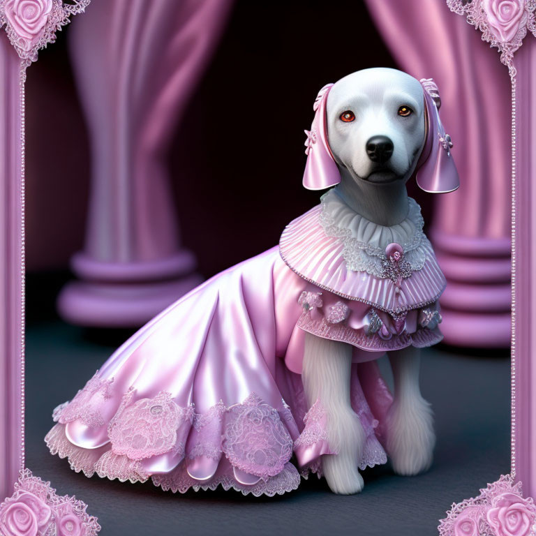 Stylized illustration of a dog in pink Victorian gown surrounded by roses