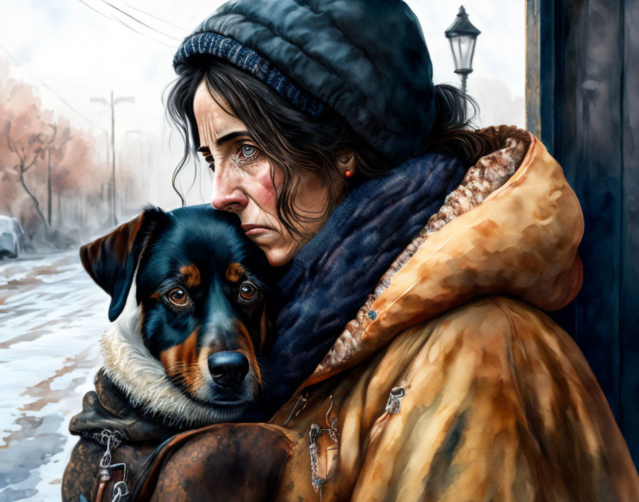 Woman in warm attire hugs tri-colored dog on wintry street