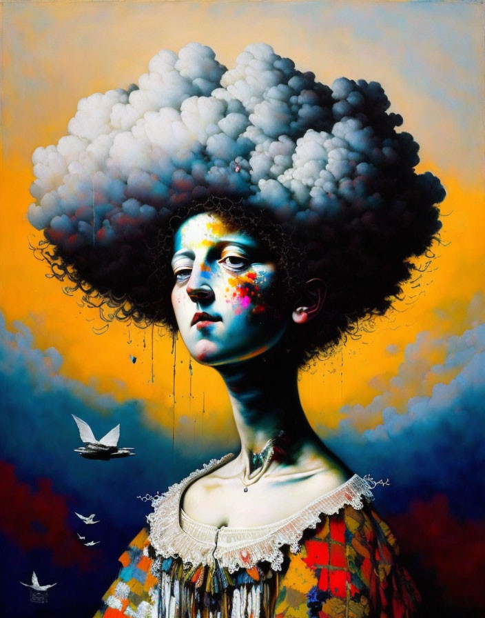 Surreal painting: person with cloud hair, colorful splashes, ruff collar, birds,