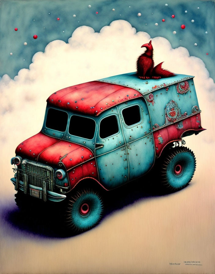 Vintage red and blue truck with circular windows and ornate designs under a sky with red orbs and a