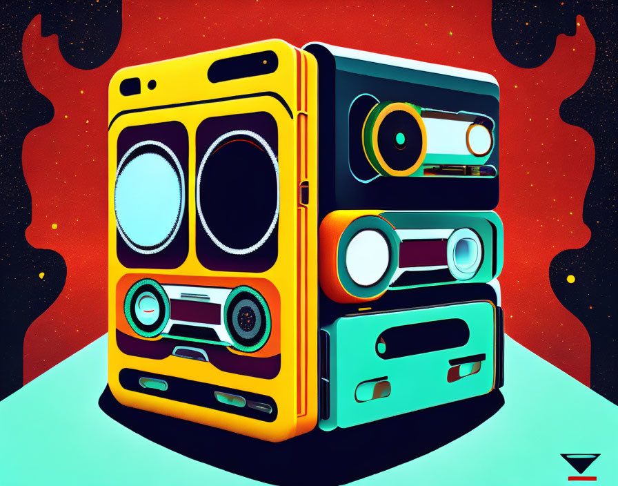 Colorful retro boombox on starry red backdrop