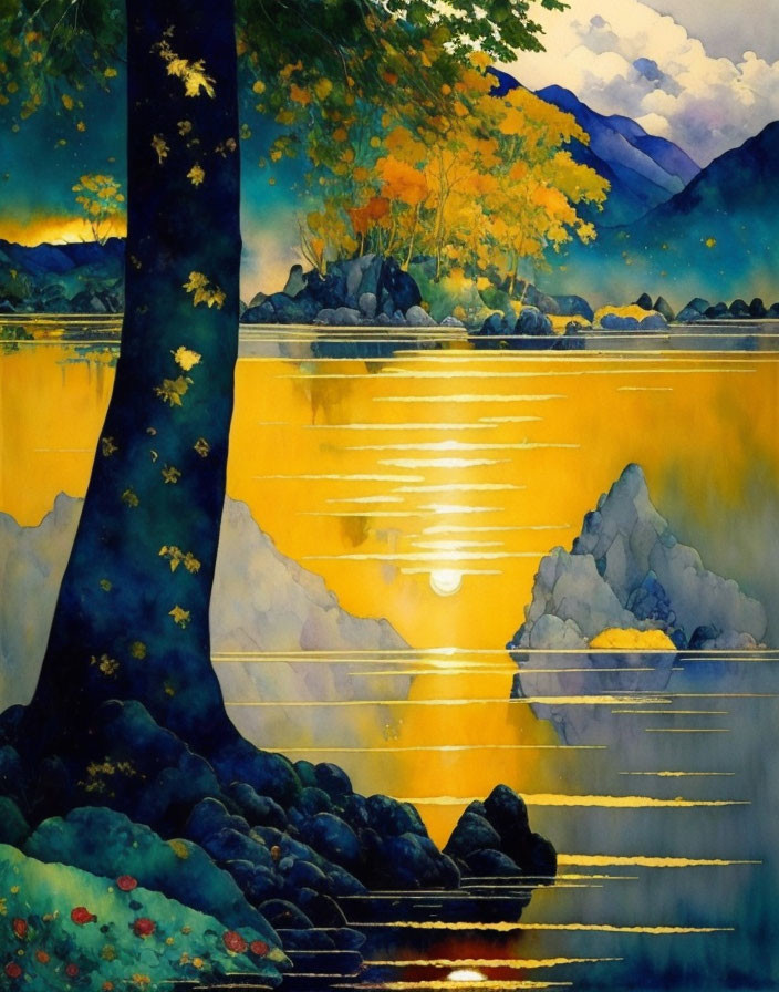 Colorful Autumn Sunset Painting with Lake Reflections