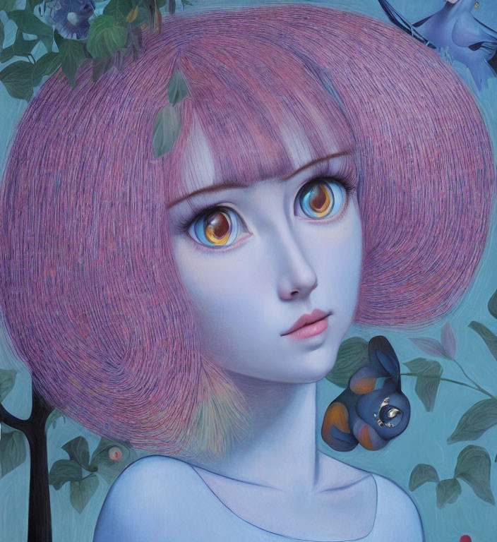 Stylized digital artwork of young woman with expressive eyes and pink bob-cut hair, with surreal blue