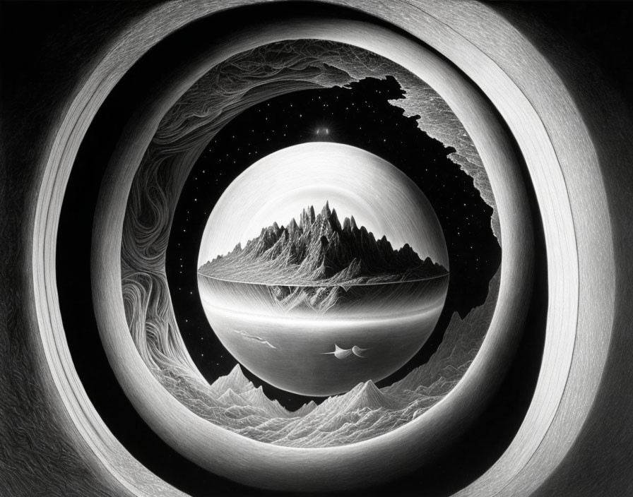 Surreal monochrome image of concentric circular layers with mountain landscape and starry sky