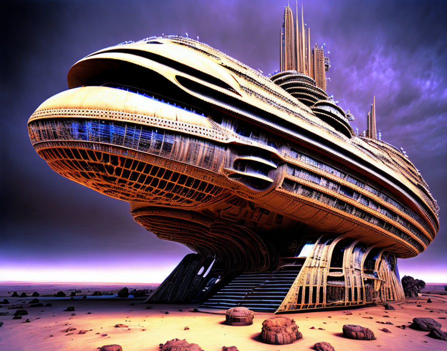 Futuristic saucer-shaped building in barren landscape under dusky purple sky