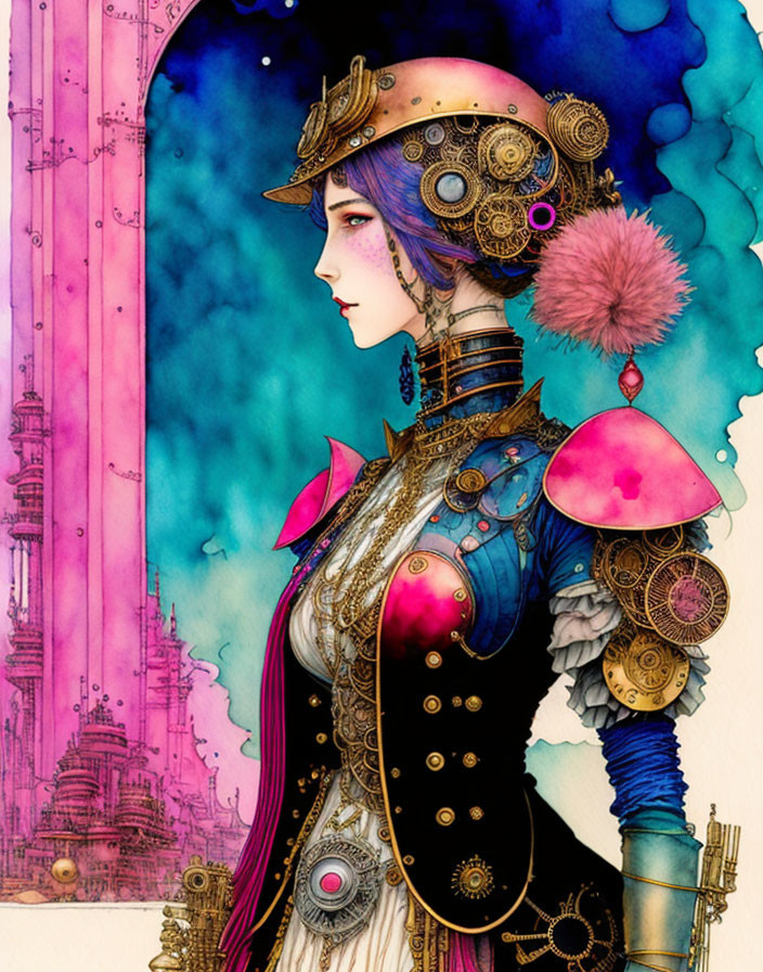 Illustration of steampunk woman in purple hair, hat, and armor against pink castle.