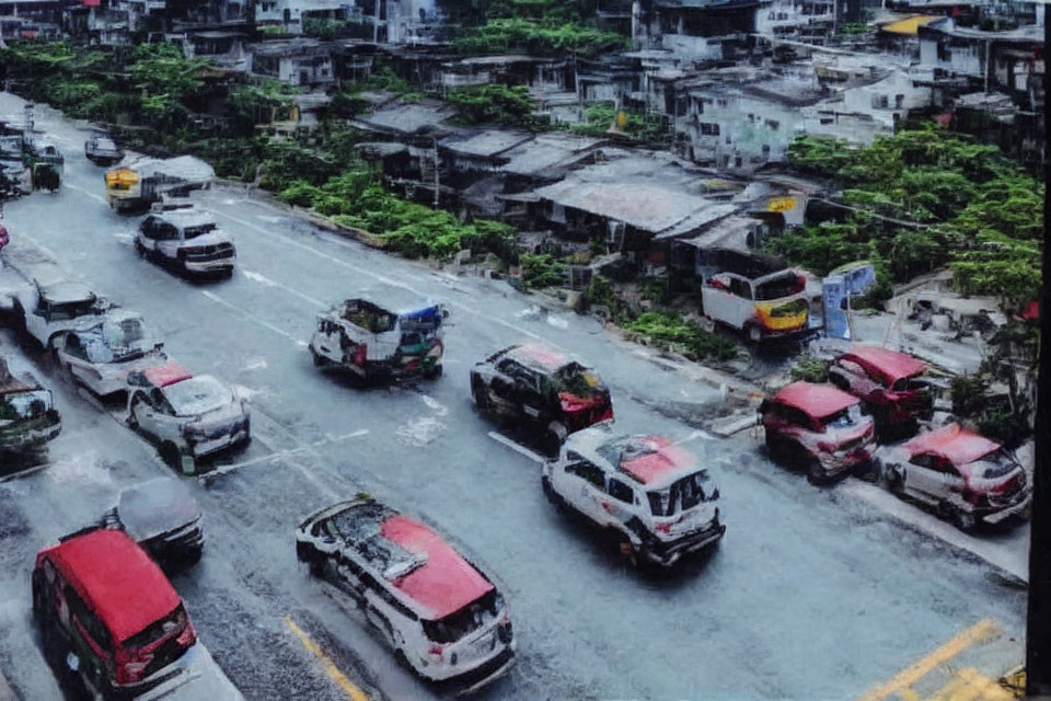 Urban street with mixed traffic and buildings on a rainy day