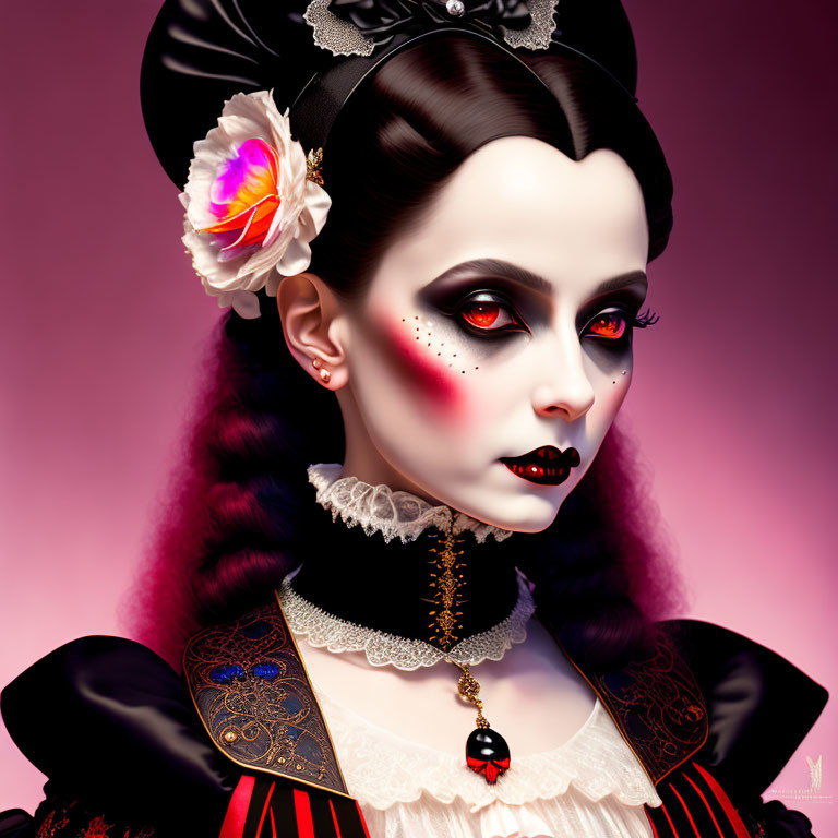 Stylized digital portrait of a woman in gothic makeup and victorian attire