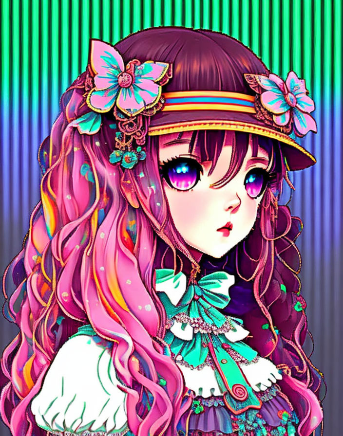 Vibrant illustration of girl with purple eyes and gradient hair in flower hat and frilly dress